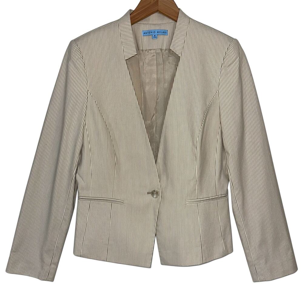 Antonio Melani Beige Tan Pinstripe 1-Button Stretch Cotton Blazer Jacket Size 8